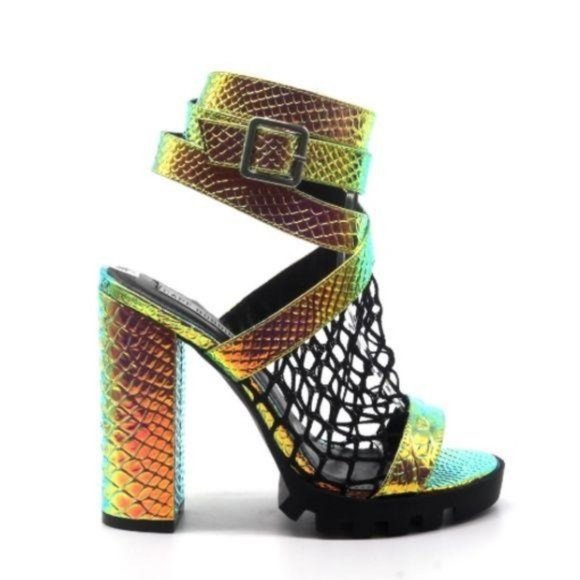 My Poshtique Shoes - Hologram Metallic Lug Sole Wrap Around Heels